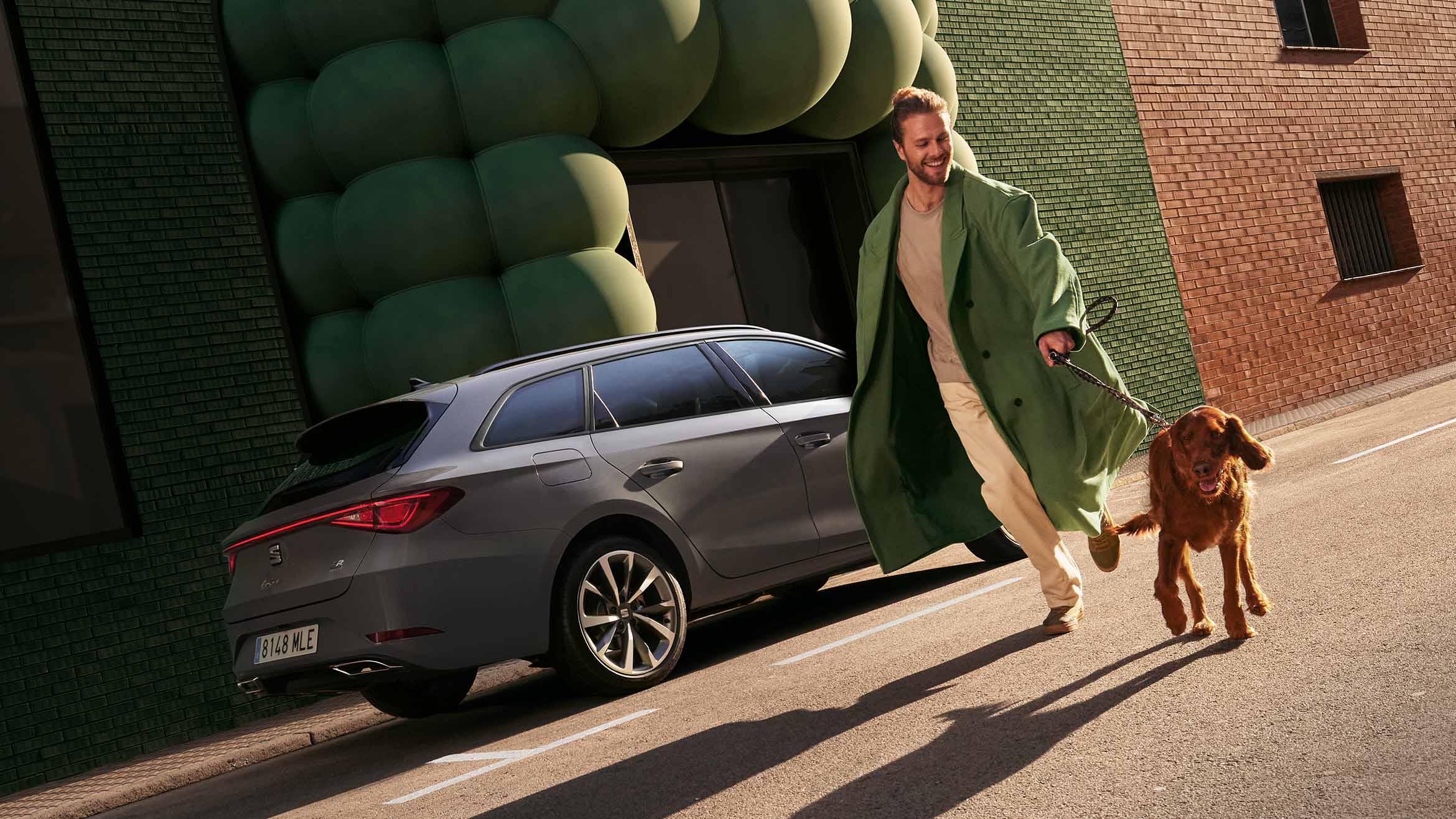 man and dog walking away from a grey seat leon sportstourer fr 2024, rear view of the car